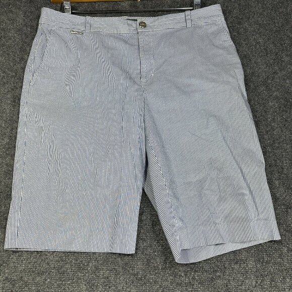 LRL Ralph Lauren Active Shorts Womens 12 Blue White Pinstripe Cotton Stretch - Picture 1 of 6